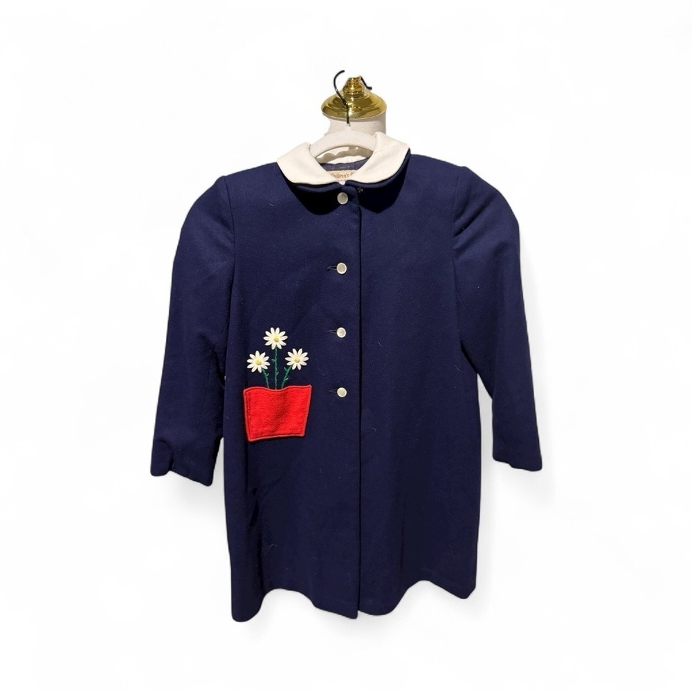 1950s Wool Navy Girl’s Coat Felt Flower Appliqué Union Made USA